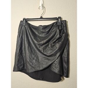 Black Faux Leather Draped Tulip Mini Skirt High Waisted Wrap Front Vegan Goth L